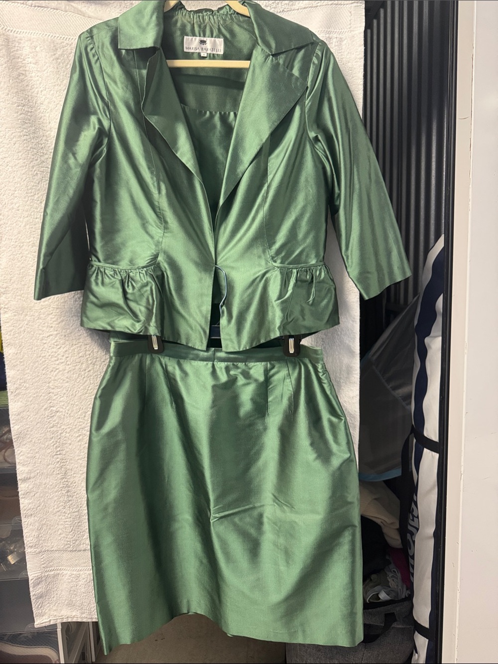 Green Satin 3-Piece Skirt Suit